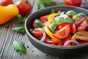 Fresh tomato salad with basil and red onion on rustic wooden table photo