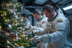 Astronauts decorating christmas tree on space station photo