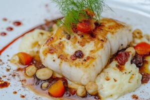 Grilled cod fillet with mashed potatoes, cherry tomatoes, hazelnuts and dill photo