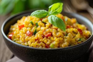 Steamed bulgur with vegetables and basil in a bowl photo