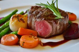Sizzling steak with roasted vegetables and rosemary garnish elevates dining experience photo