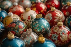 Colorful hand-painted christmas ornaments creating festive atmosphere photo