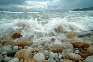 Waves crashing on rocky beach under cloudy sky photo