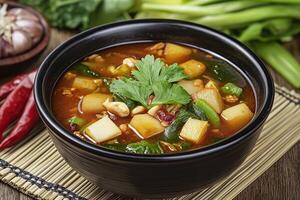 Hot spicy vegetable soup with potatoes, spinach, and peanuts garnished with parsley photo
