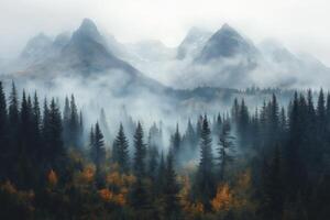 Fog rolling over majestic mountain peaks and lush pine forest photo