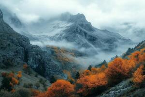Fog rolling over majestic mountains with colorful autumn trees photo