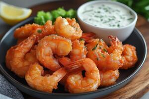Fried shrimps with herbs and tartar sauce garnished with lemon and salad photo