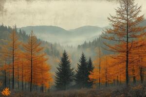 Fog rolling over majestic autumn mountains and colorful trees photo
