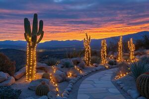 Christmas lights adorning cacti in a desert botanical garden at sunset photo