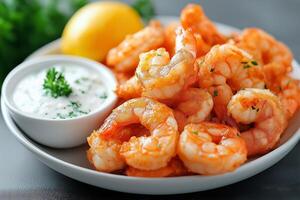 Fried shrimps with tartar sauce, lemon and parsley garnish on white plate photo