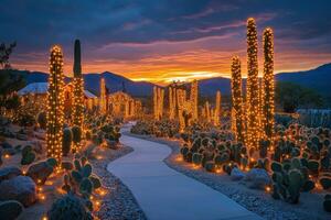 Christmas lights adorning cacti in desert botanical garden at sunset photo