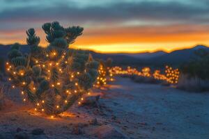 Christmas lights adorning cacti in desert landscape at sunset photo
