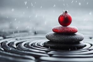 Red christmas ball balancing on zen stones during snowfall photo