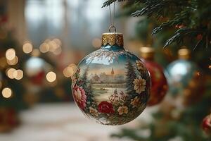 Christmas ornament hanging on tree with winter landscape and flowers photo
