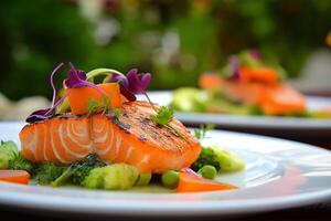Grilled salmon fillet with vegetables and edible flowers impressing guests photo