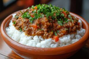 Delicious ground beef stew served on a bed of white rice, garnished with parsley photo