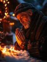 Senior man praying by candlelight on christmas eve in snowy landscape photo