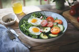 Healthy green salad with fried eggs, tomatoes and cucumber for breakfast photo