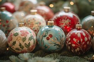 Colorful christmas ornaments resting on pine branches photo