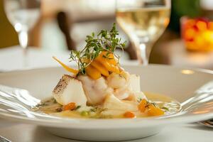 Delicious cod fillet meal prepared and ready to eat in restaurant setting photo