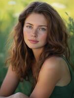 Beautiful caucasian model posing in nature with freckles and long brown hair photo