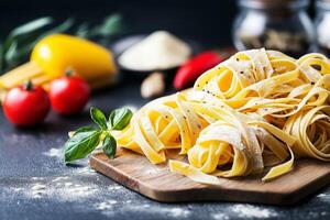 Tagliatelle pasta with basil, tomatoes and pepper on dark background photo