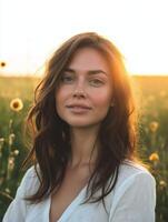 Beautiful woman enjoying golden hour sunlight in a field photo