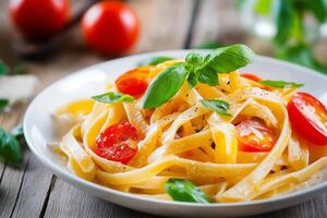 Creamy tagliatelle pasta with cherry tomatoes and basil on wooden table photo