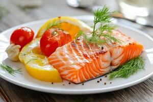 Grilled salmon fillet with lemon, tomatoes and dill on white plate photo