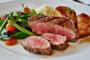 Sliced grilled steak with potatoes and salad on white plate photo