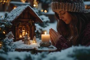 Woman praying by candlelight in a snowy christmas setting photo