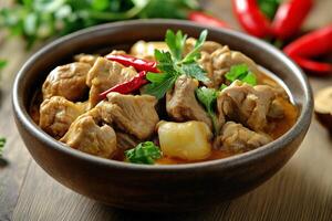Chicken curry with potatoes, peppers and herbs in bowl photo