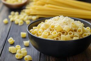 Ditalini pasta with grated cheese in a black bowl on wooden table photo