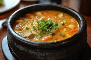 Hot fish soup served in black ceramic bowl photo