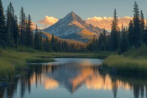 Snowy mountain reflecting in calm lake at sunset with pine trees photo