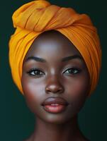 Studio portrait of model wearing orange headscarf on dark green background photo