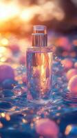 Transparent skincare cosmetic bottle floating on water with bubbles at sunset photo