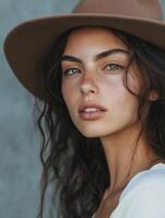 Fashion model posing with brown hat and freckles showing photo
