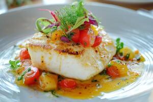 Grilled white fish fillet with mango salsa and herbs with delicious gourmet meal photo