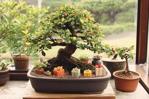 Miniature bonsai tree decorated with small gift boxes for christmas celebration photo