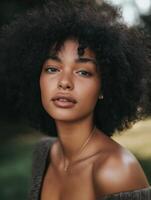 Young model posing with big afro hair and bare shoulders photo