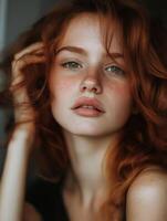 Portrait of redhead model touching her hair photo
