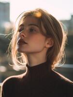 Young woman posing in sunlight wearing a turtleneck sweater photo