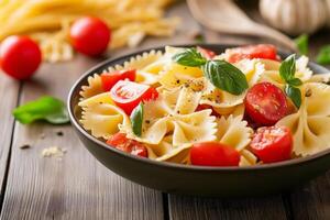 Farfalle pasta with cherry tomatoes and basil enjoying a rustic presentation photo