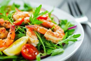 Delicious grilled shrimp salad with arugula, lemon, and tomatoes photo