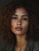 Portrait of young woman with freckles and curly hair showing confidence photo