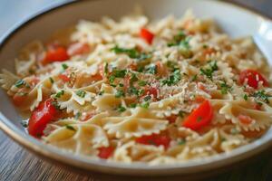 Farfalle pasta dish with tomatoes, parsley, and grated cheese sprinkled on top photo