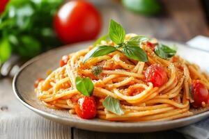 Delicious italian spaghetti with fresh tomato sauce and basil enjoying a rustic table photo