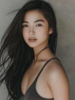 Beautiful asian model posing with long dark hair photo