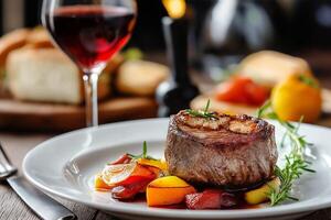 Sizzling grilled steak with roasted vegetables and red wine pairing photo
